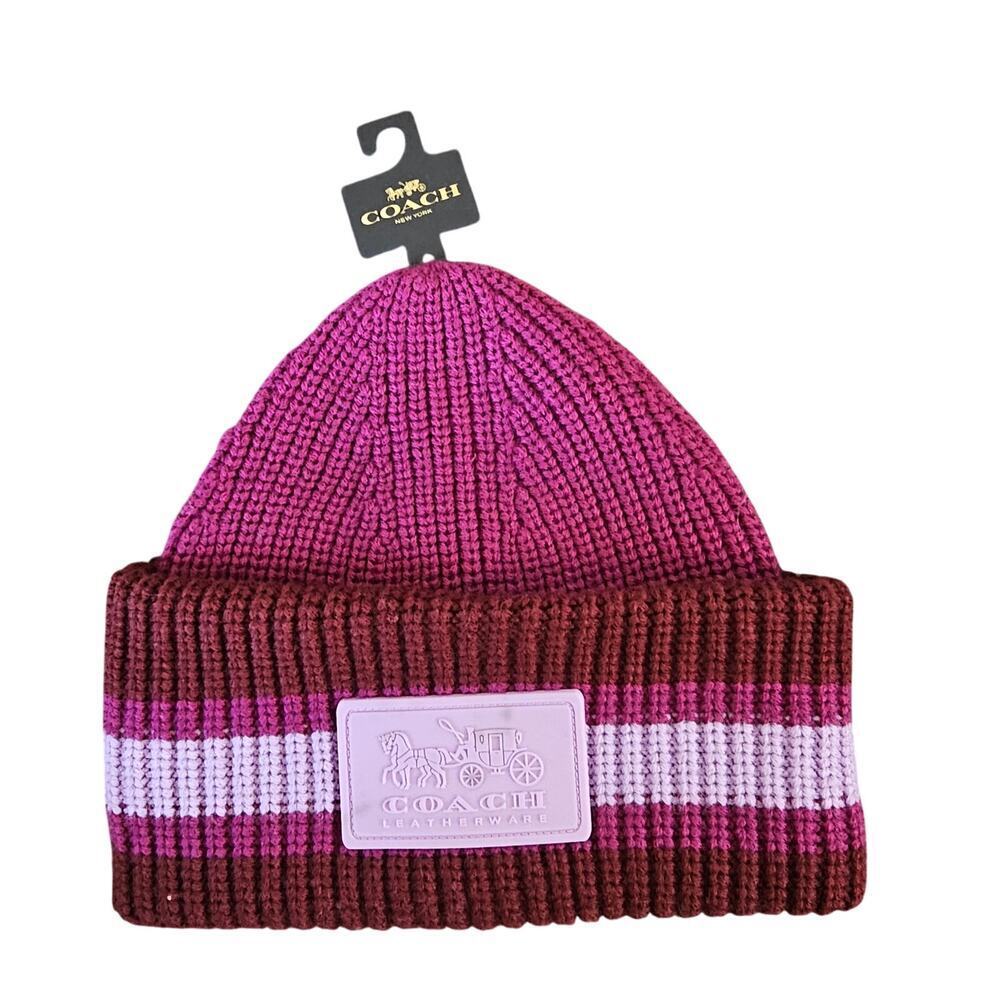 Coach Women's Pink & Plum Two-Tone Varsity Stripe Patch Beanie Size One Size